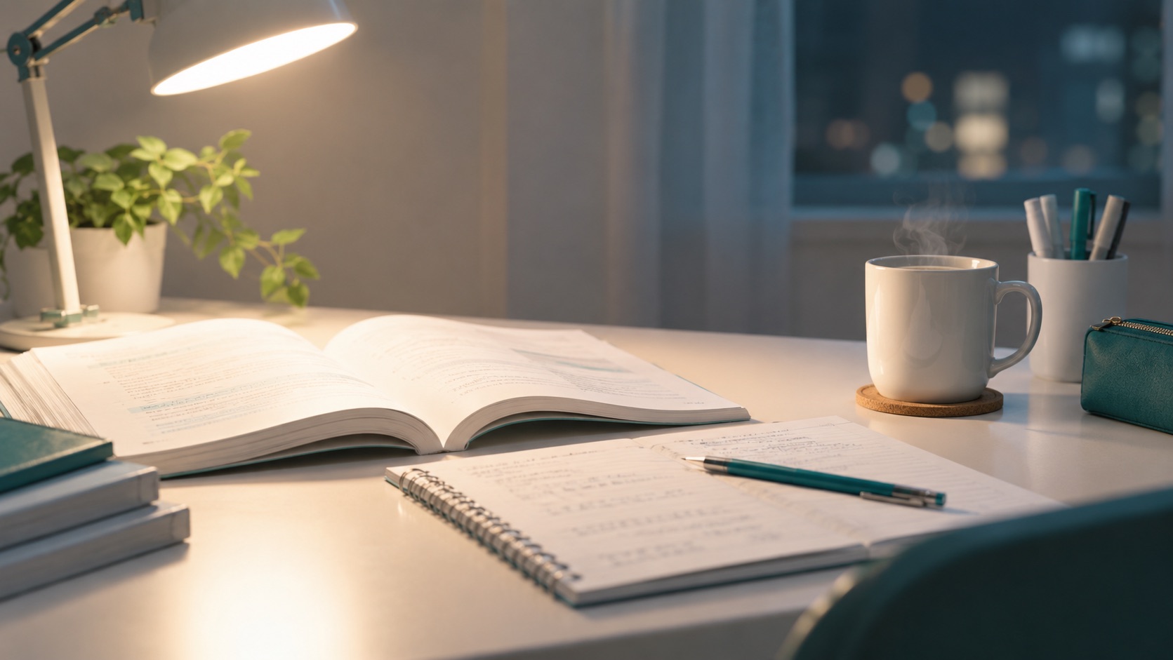 デスクライトの下で夜に勉強している様子